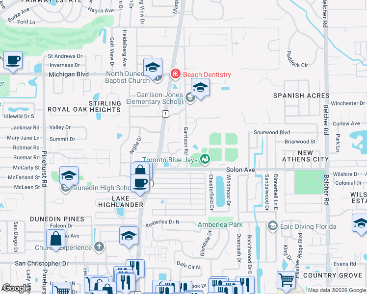 map of restaurants, bars, coffee shops, grocery stores, and more near 1696 Fry Court in Dunedin
