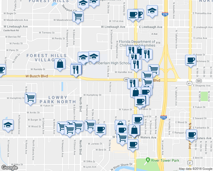 map of restaurants, bars, coffee shops, grocery stores, and more near 8919 North Lynn Avenue in Tampa