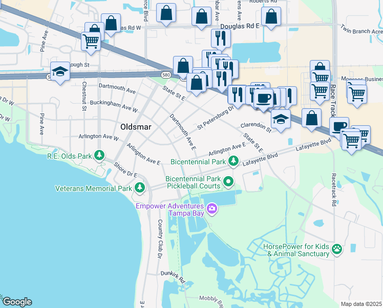 map of restaurants, bars, coffee shops, grocery stores, and more near 508 Dartmouth Avenue East in Oldsmar
