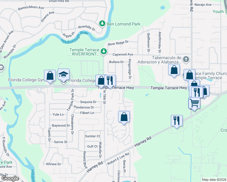 map of restaurants, bars, coffee shops, grocery stores, and more near 9135 Talina Lane in Tampa