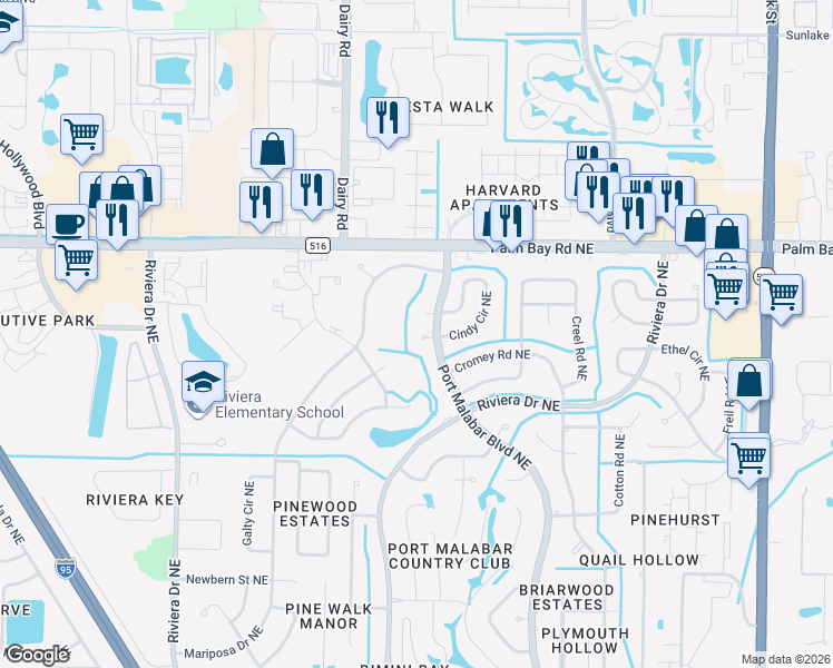 map of restaurants, bars, coffee shops, grocery stores, and more near 1205 Stardust Court in Palm Bay