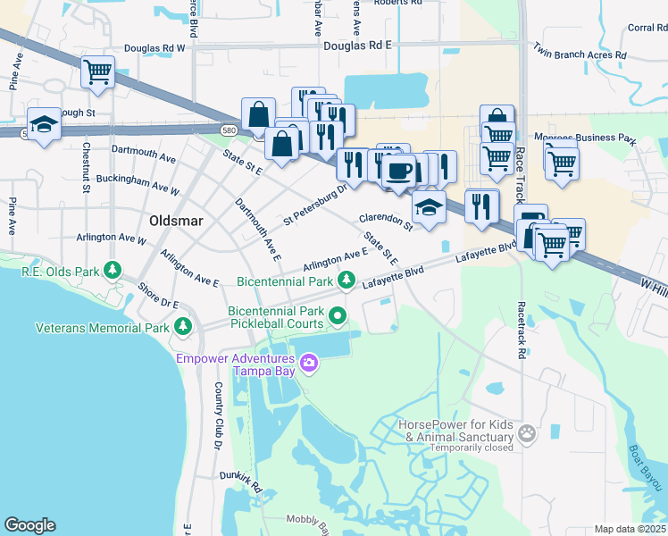 map of restaurants, bars, coffee shops, grocery stores, and more near 418 Arlington Avenue East in Oldsmar