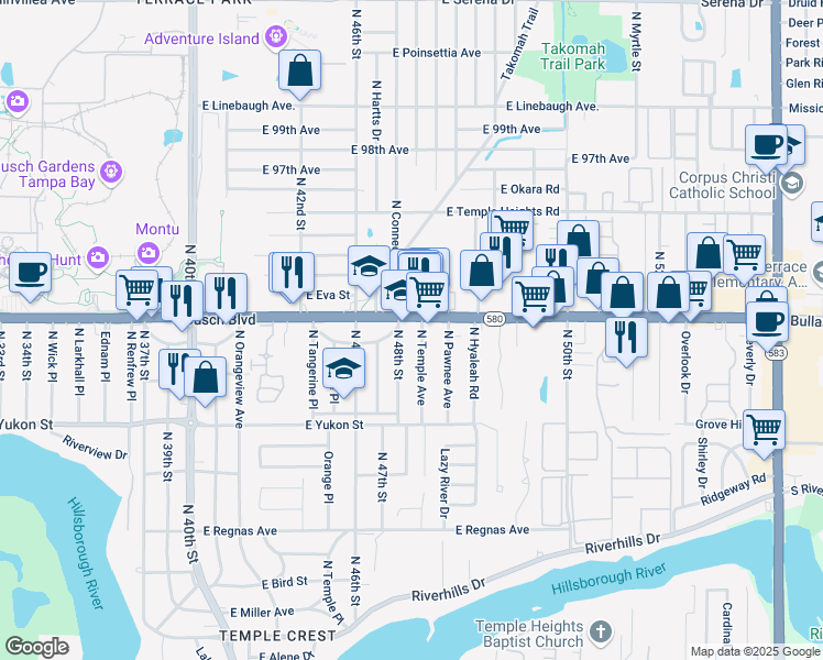 map of restaurants, bars, coffee shops, grocery stores, and more near 8775 North Temple Avenue in Tampa