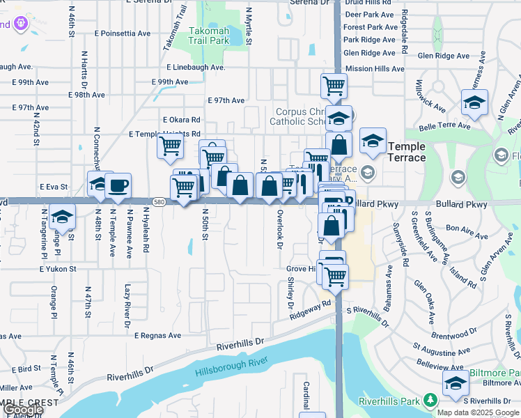 map of restaurants, bars, coffee shops, grocery stores, and more near 5143 Florida 580 in Tampa