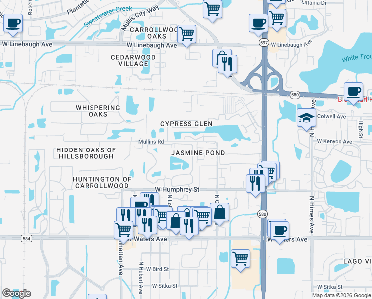 map of restaurants, bars, coffee shops, grocery stores, and more near 8724 Mallard Reserve Drive in Tampa