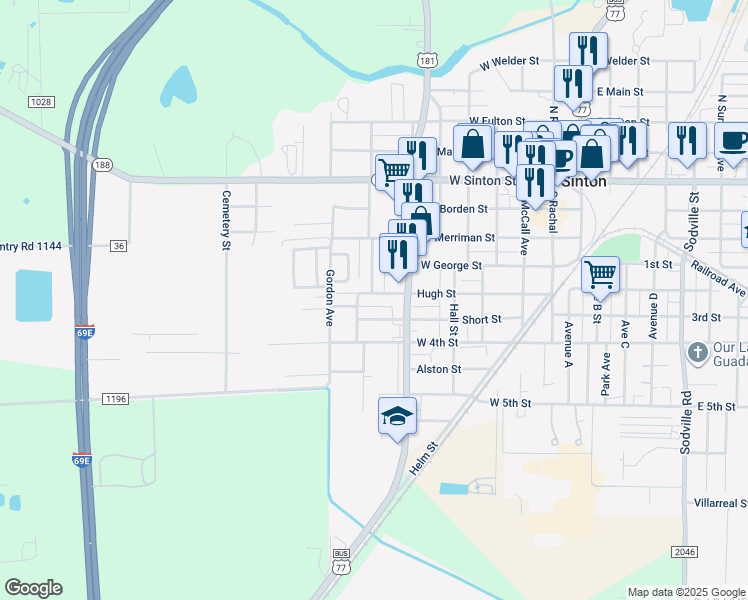 map of restaurants, bars, coffee shops, grocery stores, and more near 631 Hugh Street in Sinton