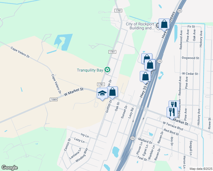 map of restaurants, bars, coffee shops, grocery stores, and more near 109 Donnie Drive in Rockport