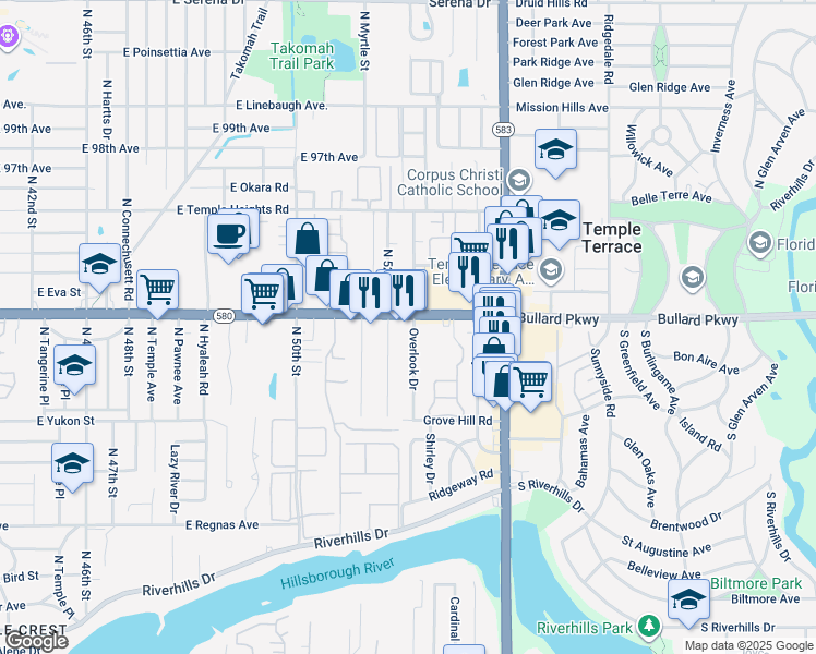 map of restaurants, bars, coffee shops, grocery stores, and more near 5143 Florida 580 in Tampa