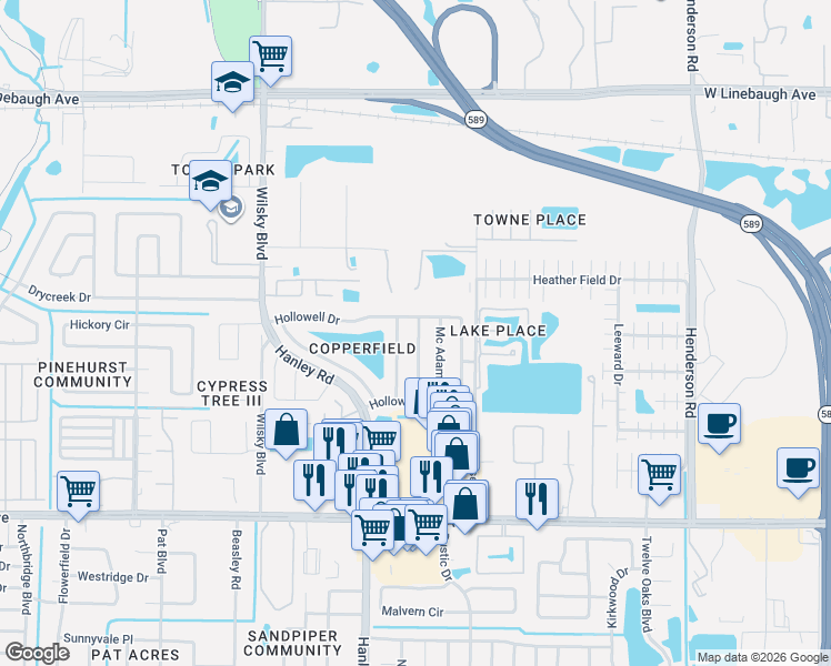 map of restaurants, bars, coffee shops, grocery stores, and more near 8725 Somersworth Place in Tampa