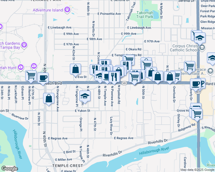map of restaurants, bars, coffee shops, grocery stores, and more near 8775 North Temple Avenue in Tampa
