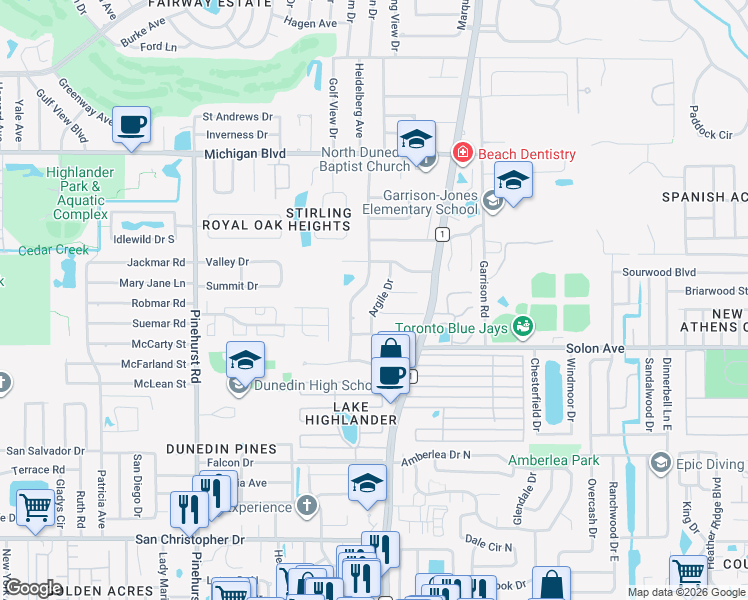 map of restaurants, bars, coffee shops, grocery stores, and more near 1924 Argile Drive in Dunedin