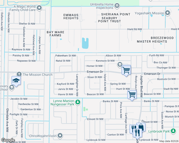 map of restaurants, bars, coffee shops, grocery stores, and more near Emerson Drive Northwest in Palm Bay