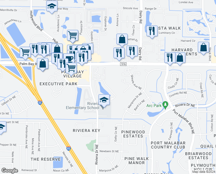 map of restaurants, bars, coffee shops, grocery stores, and more near 1480 Malibu Circle Northeast in Palm Bay
