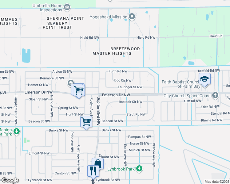 map of restaurants, bars, coffee shops, grocery stores, and more near 247 Emerson Drive Northwest in Palm Bay