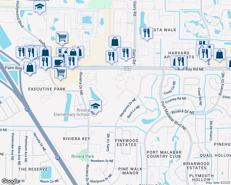 map of restaurants, bars, coffee shops, grocery stores, and more near 1470 Malibu Circle Northeast in Palm Bay