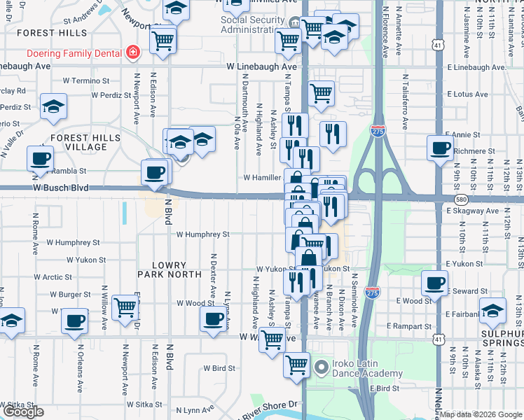 map of restaurants, bars, coffee shops, grocery stores, and more near 8914 North Highland Avenue in Tampa