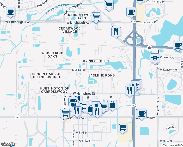 map of restaurants, bars, coffee shops, grocery stores, and more near 8724 Mallard Reserve Drive in Tampa