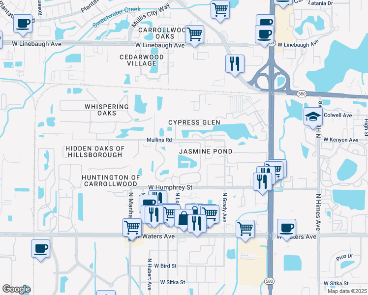 map of restaurants, bars, coffee shops, grocery stores, and more near 8724 Mallard Reserve Drive in Tampa