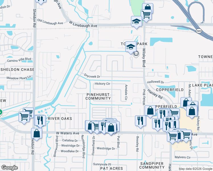 map of restaurants, bars, coffee shops, grocery stores, and more near 9007 Hickory Circle in Tampa