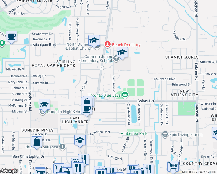 map of restaurants, bars, coffee shops, grocery stores, and more near 1700 Fry Court in Dunedin