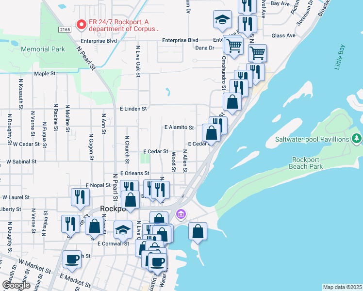 map of restaurants, bars, coffee shops, grocery stores, and more near 1005 North Allen Street in Rockport