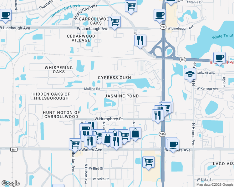 map of restaurants, bars, coffee shops, grocery stores, and more near 8714 Mallard Reserve Drive in Tampa