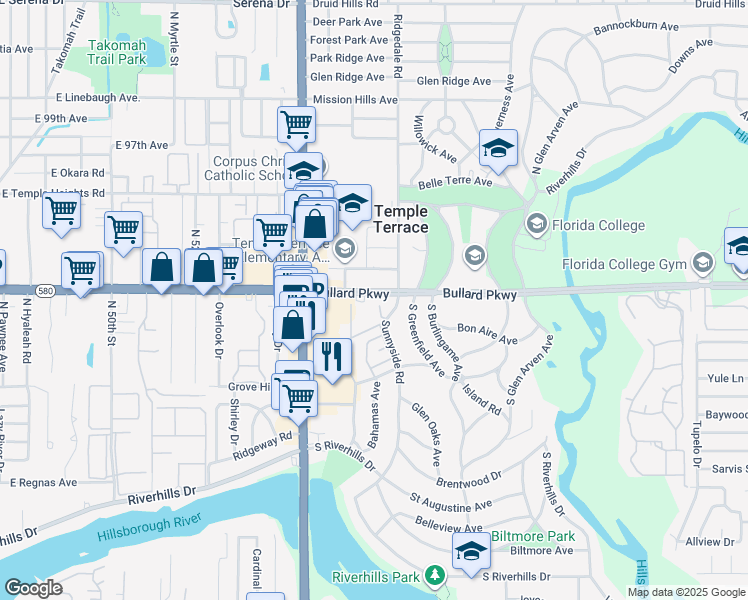 map of restaurants, bars, coffee shops, grocery stores, and more near 8980 Carriage Court in Temple Terrace