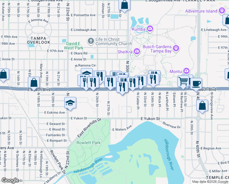 map of restaurants, bars, coffee shops, grocery stores, and more near 2801 East Busch Boulevard in Tampa