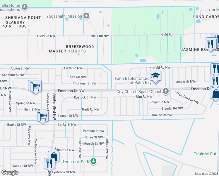 map of restaurants, bars, coffee shops, grocery stores, and more near 607 Furth Road Northwest in Palm Bay