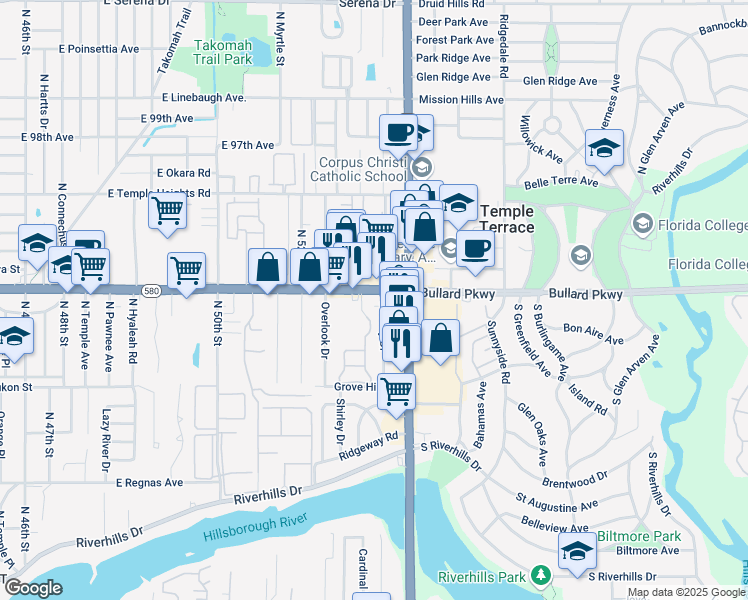 map of restaurants, bars, coffee shops, grocery stores, and more near 5411 East Busch Boulevard in Tampa