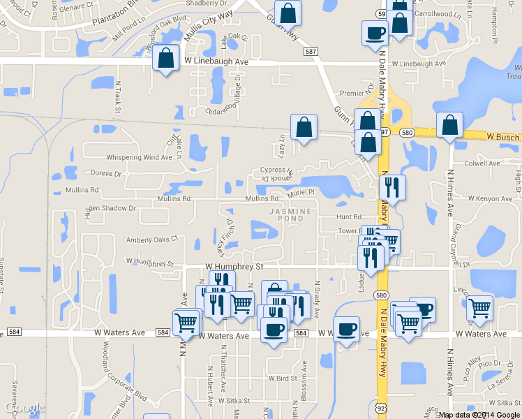 map of restaurants, bars, coffee shops, grocery stores, and more near 8742 Mallard Reserve Drive in Tampa