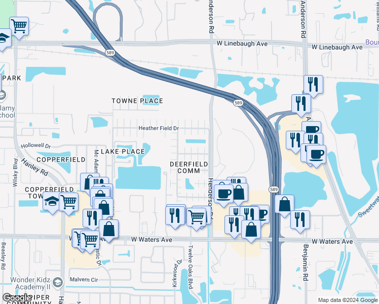 map of restaurants, bars, coffee shops, grocery stores, and more near 8810 Rockshire Court in Tampa