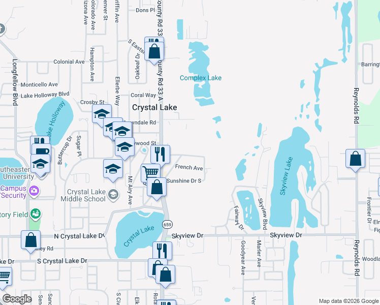 map of restaurants, bars, coffee shops, grocery stores, and more near 2706 Sunshine Drive North in Lakeland
