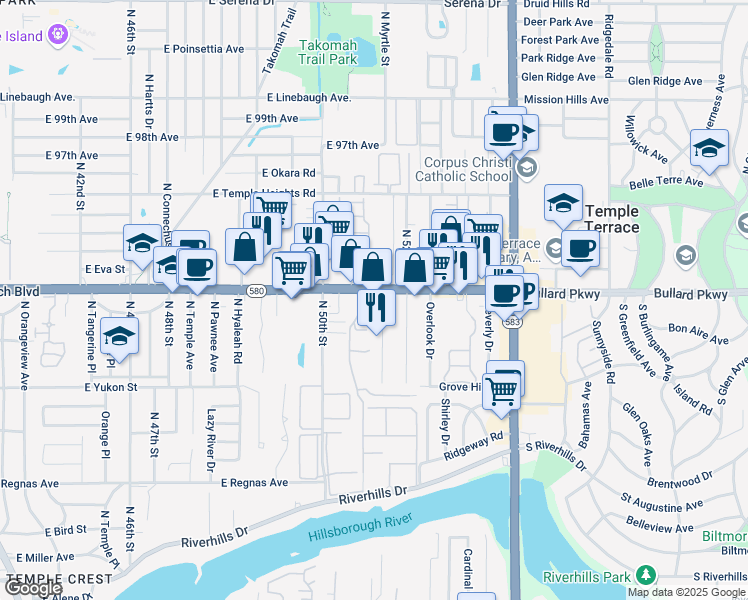 map of restaurants, bars, coffee shops, grocery stores, and more near 5035 East Busch Boulevard in Tampa