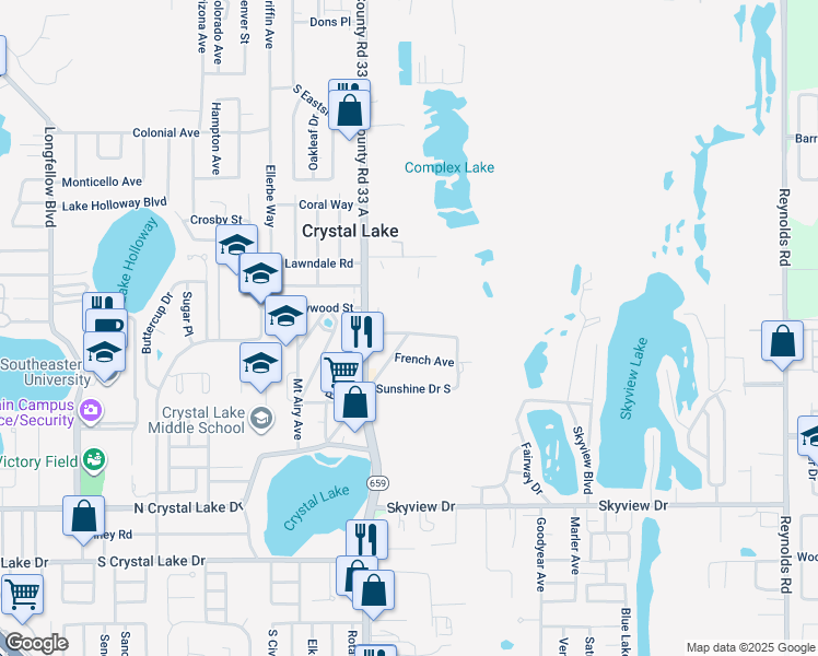 map of restaurants, bars, coffee shops, grocery stores, and more near 2612 Sunshine Drive North in Lakeland