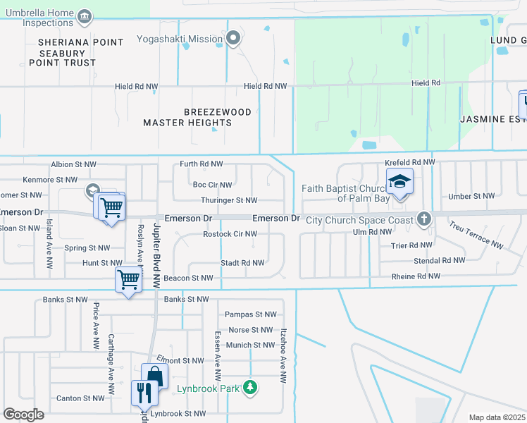 map of restaurants, bars, coffee shops, grocery stores, and more near 281 Emerson Drive Northwest in Palm Bay