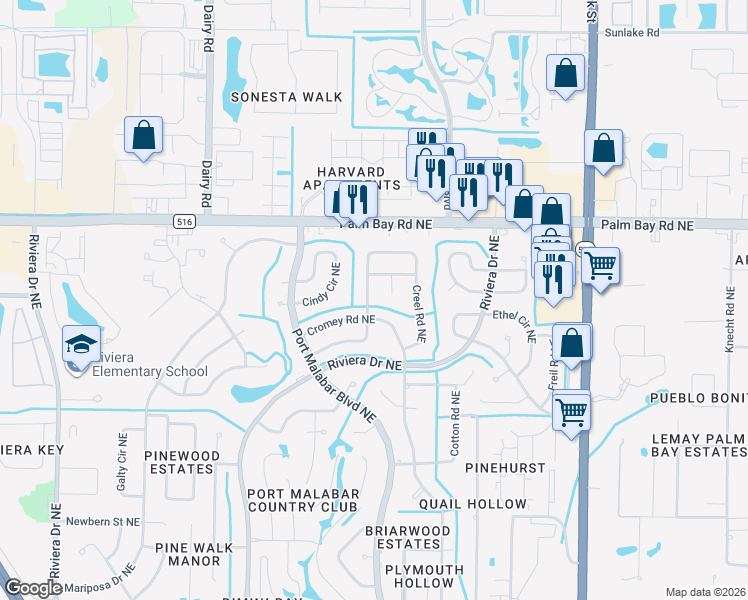 map of restaurants, bars, coffee shops, grocery stores, and more near 1321 Creel Road Northeast in Palm Bay