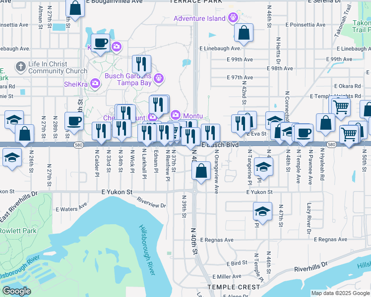 map of restaurants, bars, coffee shops, grocery stores, and more near 3708 East Hill Crest Circle in Tampa