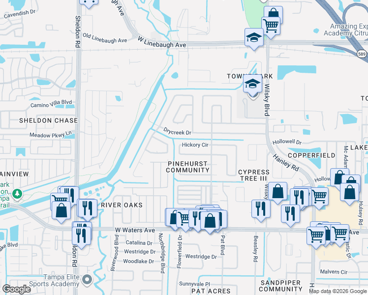 map of restaurants, bars, coffee shops, grocery stores, and more near 9021 Hickory Circle in Tampa
