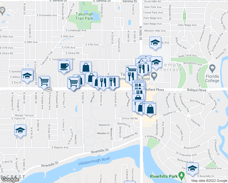 map of restaurants, bars, coffee shops, grocery stores, and more near 5299 East Busch Boulevard in Temple Terrace