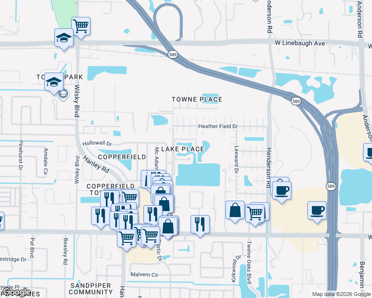 map of restaurants, bars, coffee shops, grocery stores, and more near 6902 Lakeview Court in Tampa
