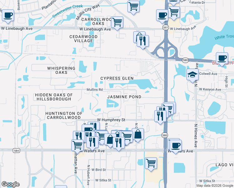 map of restaurants, bars, coffee shops, grocery stores, and more near 8724 Mallard Reserve Drive in Tampa