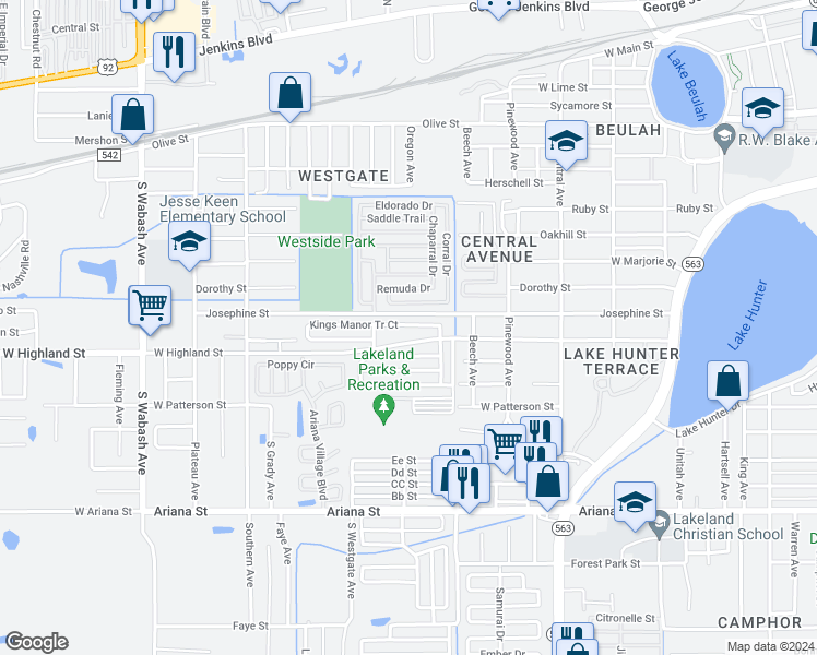 map of restaurants, bars, coffee shops, grocery stores, and more near 163 Kings Manor Tr Court in Lakeland