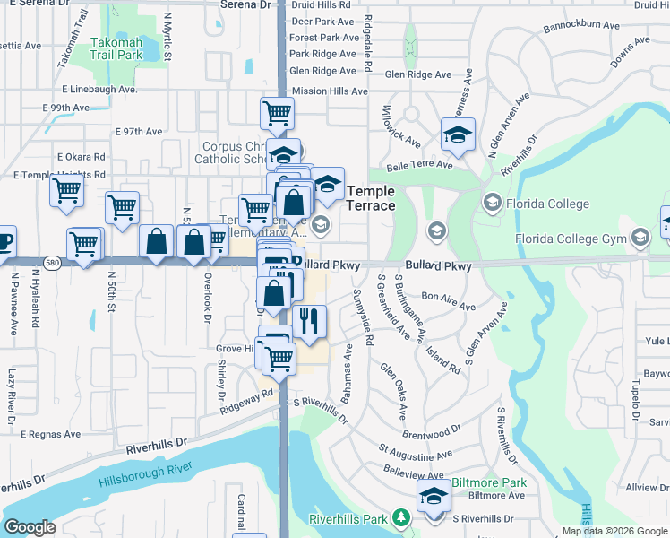 map of restaurants, bars, coffee shops, grocery stores, and more near 8980 Carriage Court in Temple Terrace