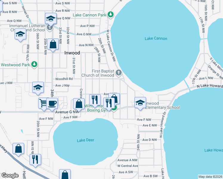 map of restaurants, bars, coffee shops, grocery stores, and more near 930 26th Street Northwest in Winter Haven