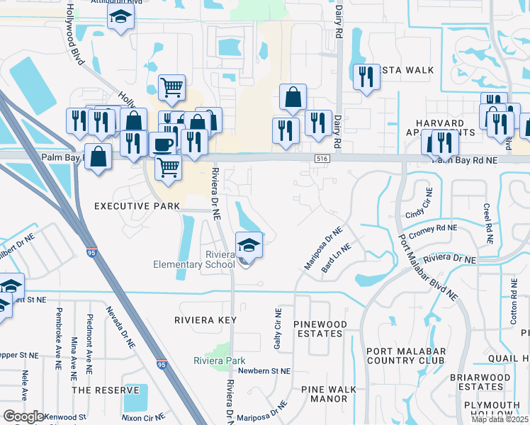 map of restaurants, bars, coffee shops, grocery stores, and more near 101 Malibu Circle Northeast in Palm Bay
