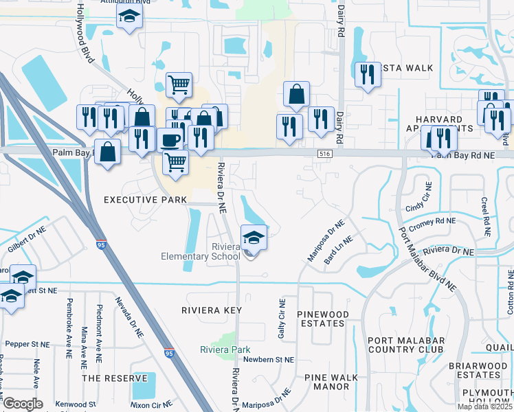 map of restaurants, bars, coffee shops, grocery stores, and more near 101 Malibu Circle Northeast in Palm Bay