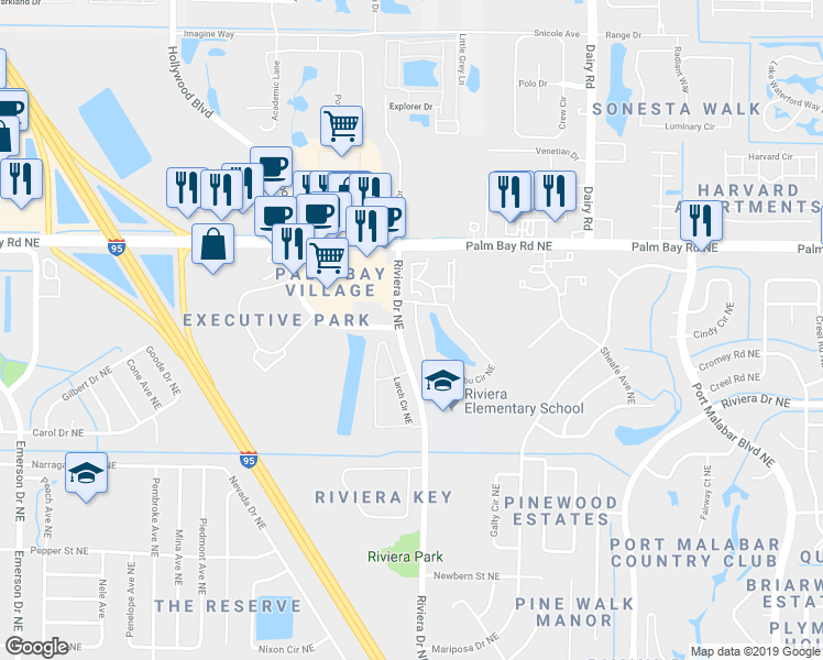 map of restaurants, bars, coffee shops, grocery stores, and more near 1425 Malibu Circle Northeast in Palm Bay