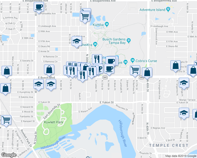 map of restaurants, bars, coffee shops, grocery stores, and more near 3203 E Busch Blvd in Tampa