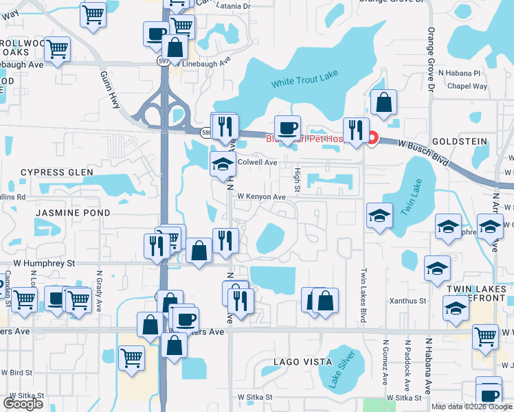 map of restaurants, bars, coffee shops, grocery stores, and more near 3488 Saint Bart Lane in Tampa